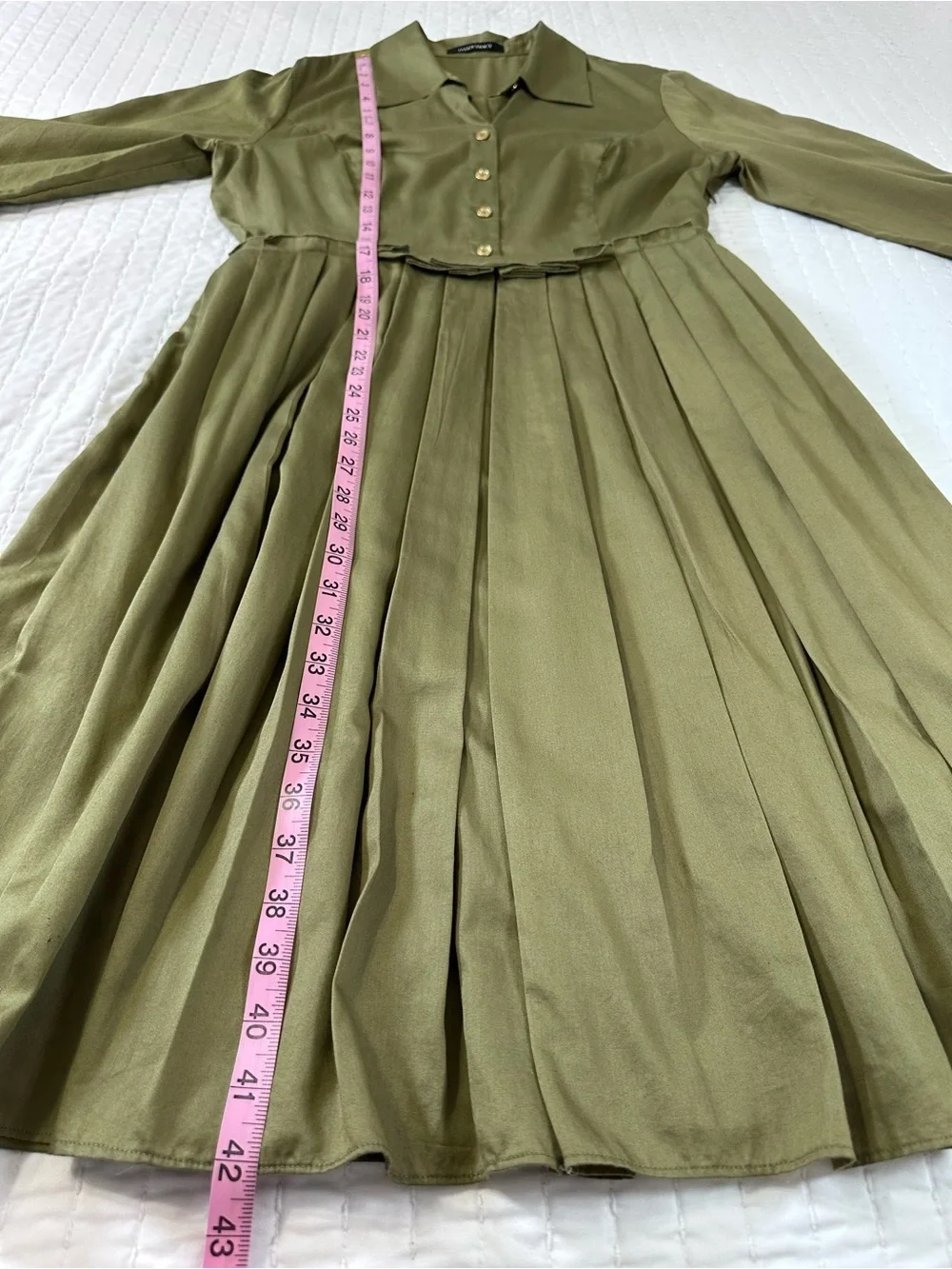 Ellen Tracy 100% Cotton Green Olive  Dress with Pleated Midi Skirt Gold Button